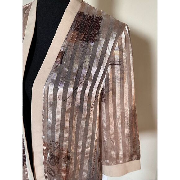 Vintage R&M Richards Cardigan Sheer Striped Tan Gold Open Front - Picture 2 of 5